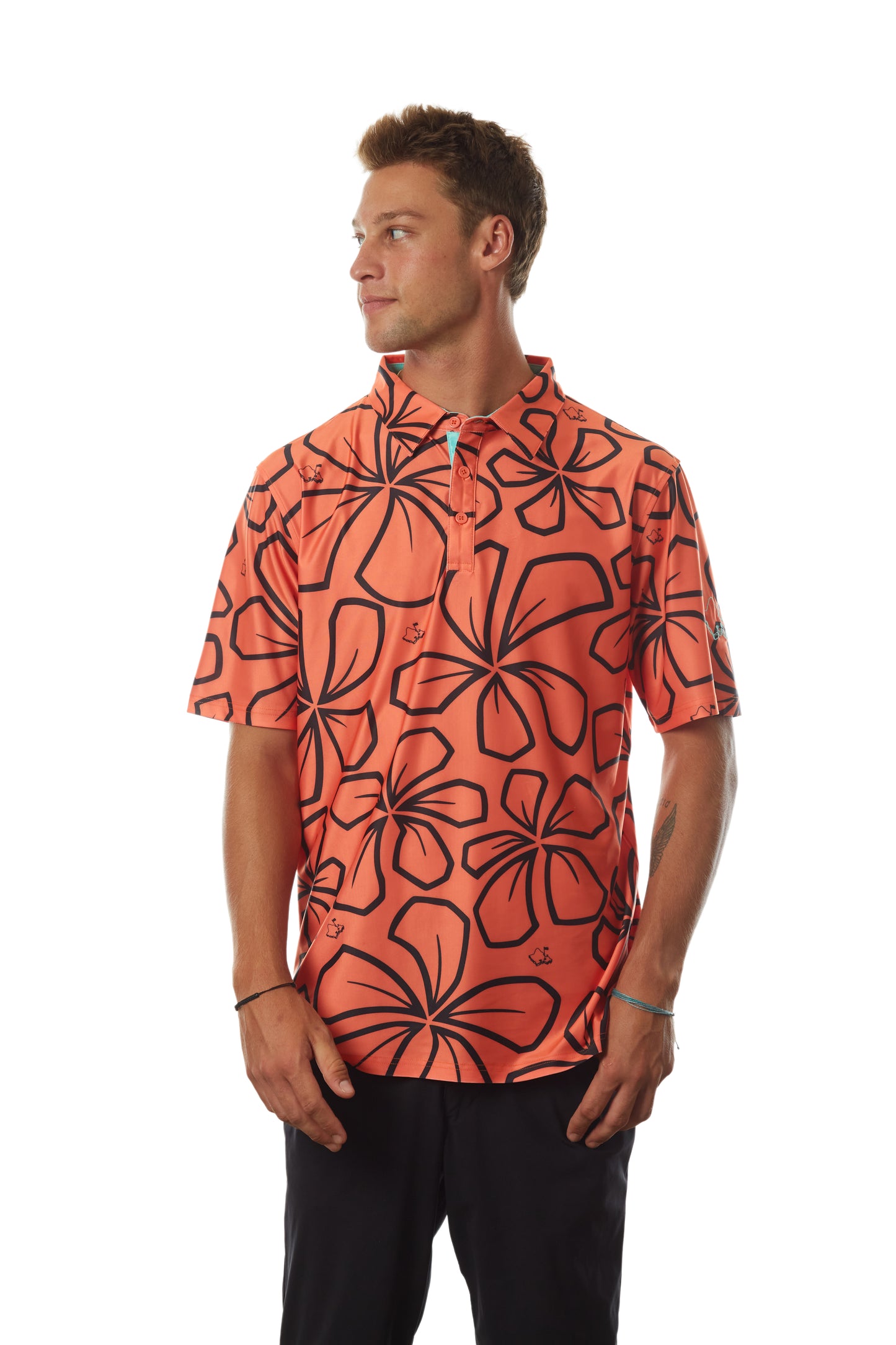 "Retro Plumeria" Coral - OGA Men's Polo - Coral Orange / Black