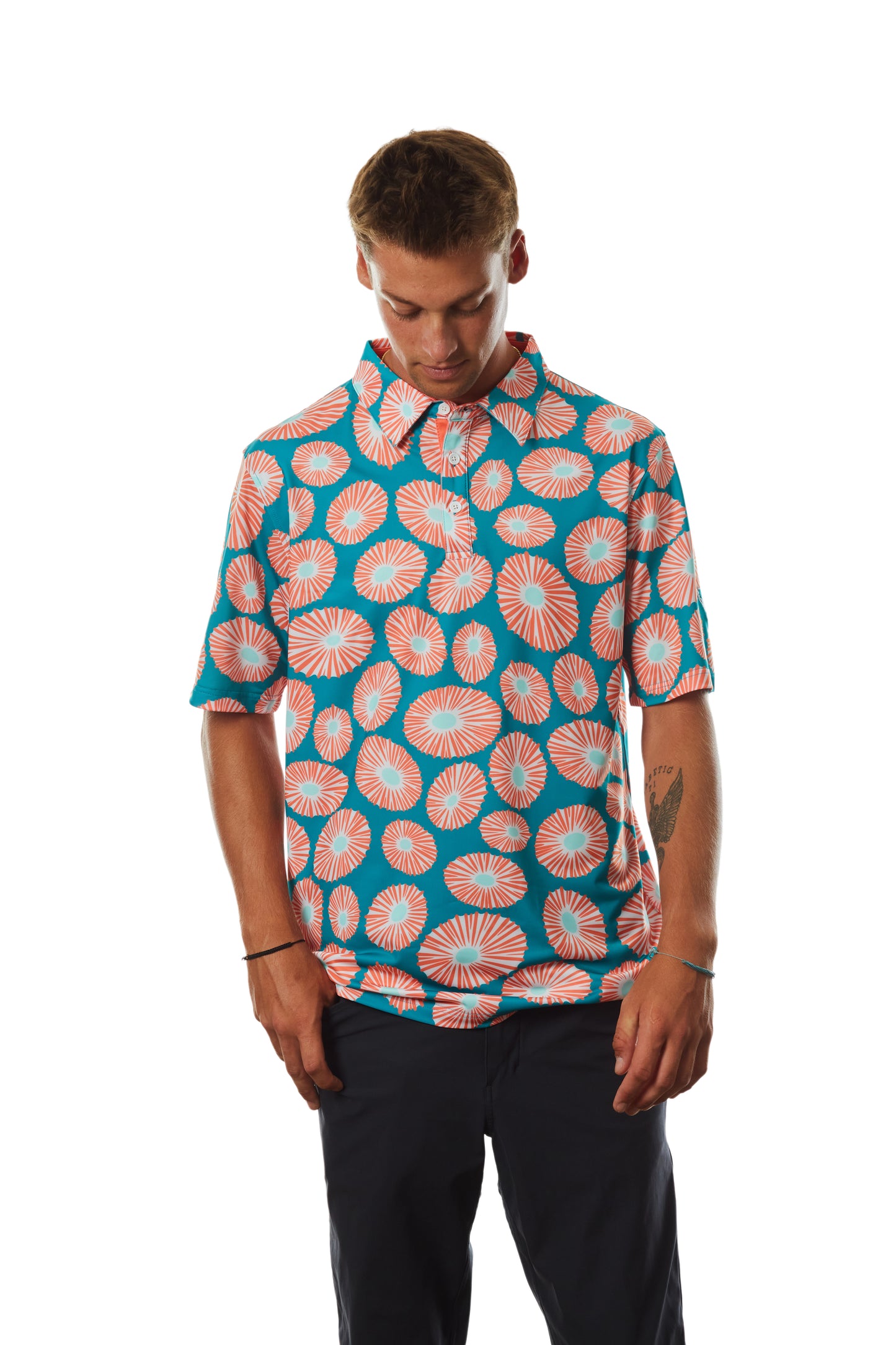 "Opihi Cluster" Deep Seafoam - OGA Men's Polo - Deep Seafoam / Coral