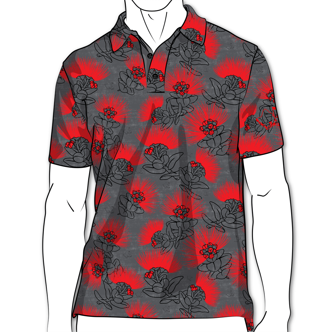 "Lava Lehua" - OGA Men's Polo - Obsidian Black and Red