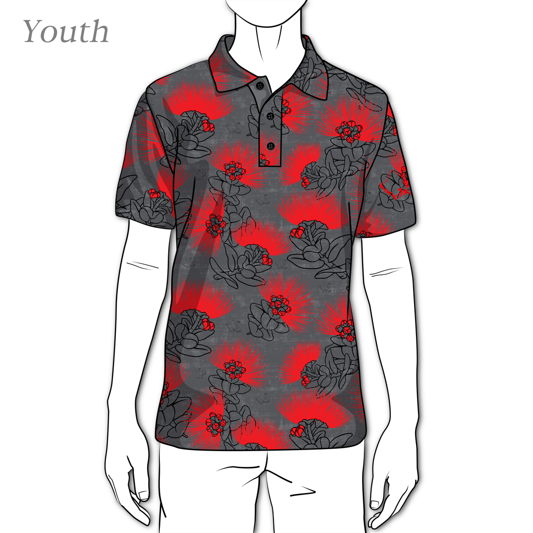 "Lava Lehua" - OGA Youth Polo - Obsidian Black and Red