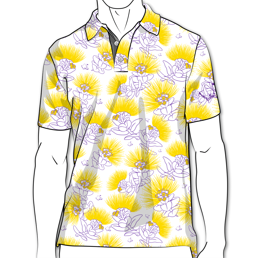 "Showtime Lehua" - OGA Men's Polo - Purple and Gold