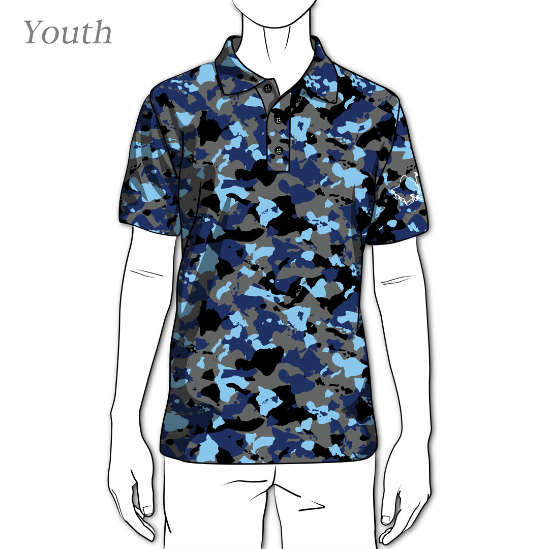 Oahu Golf Apparel - "Snow Island Camo Blue" Patterned Polo in Blue For Kids - Golf & Play Youth Polo Shirt