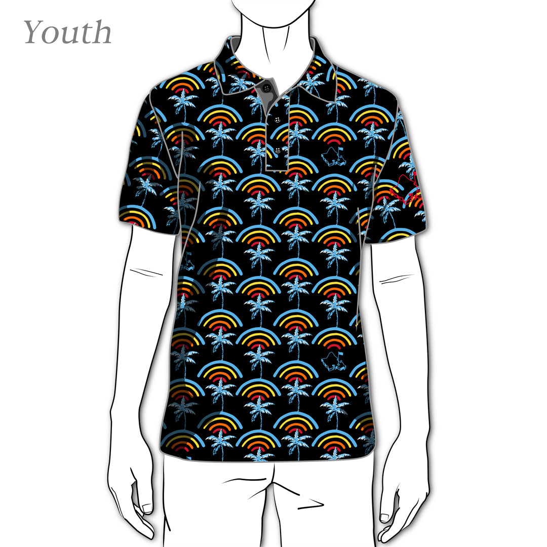Oahu Golf Apparel - "Cocobows" Patterned Black Rainbow Polo For Kids - Golf & Play Youth Polo Shirt