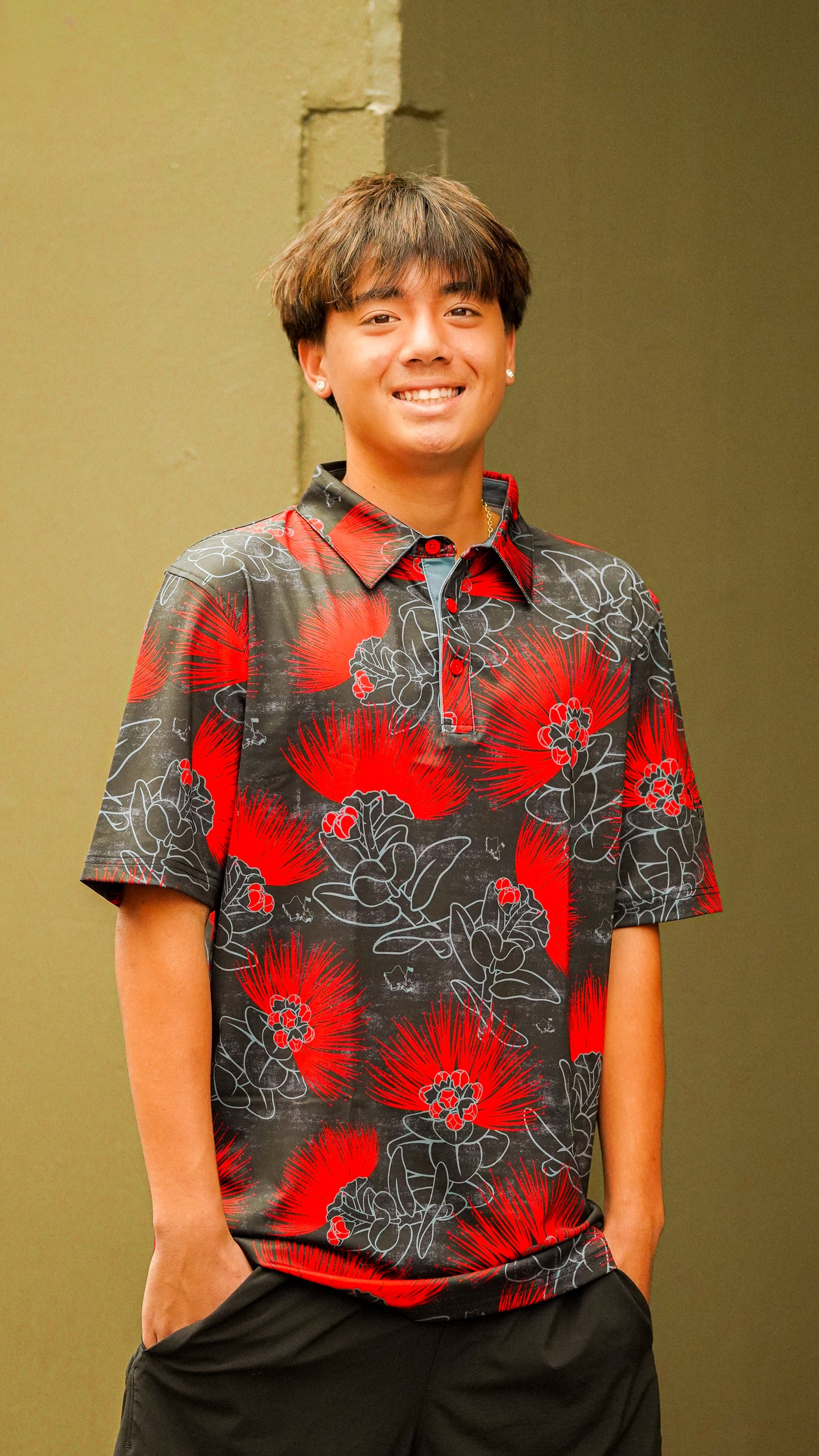 "Ohia Lehua" BRED 2 - OGA Men's Polo - Obsidian Black / Red Lava