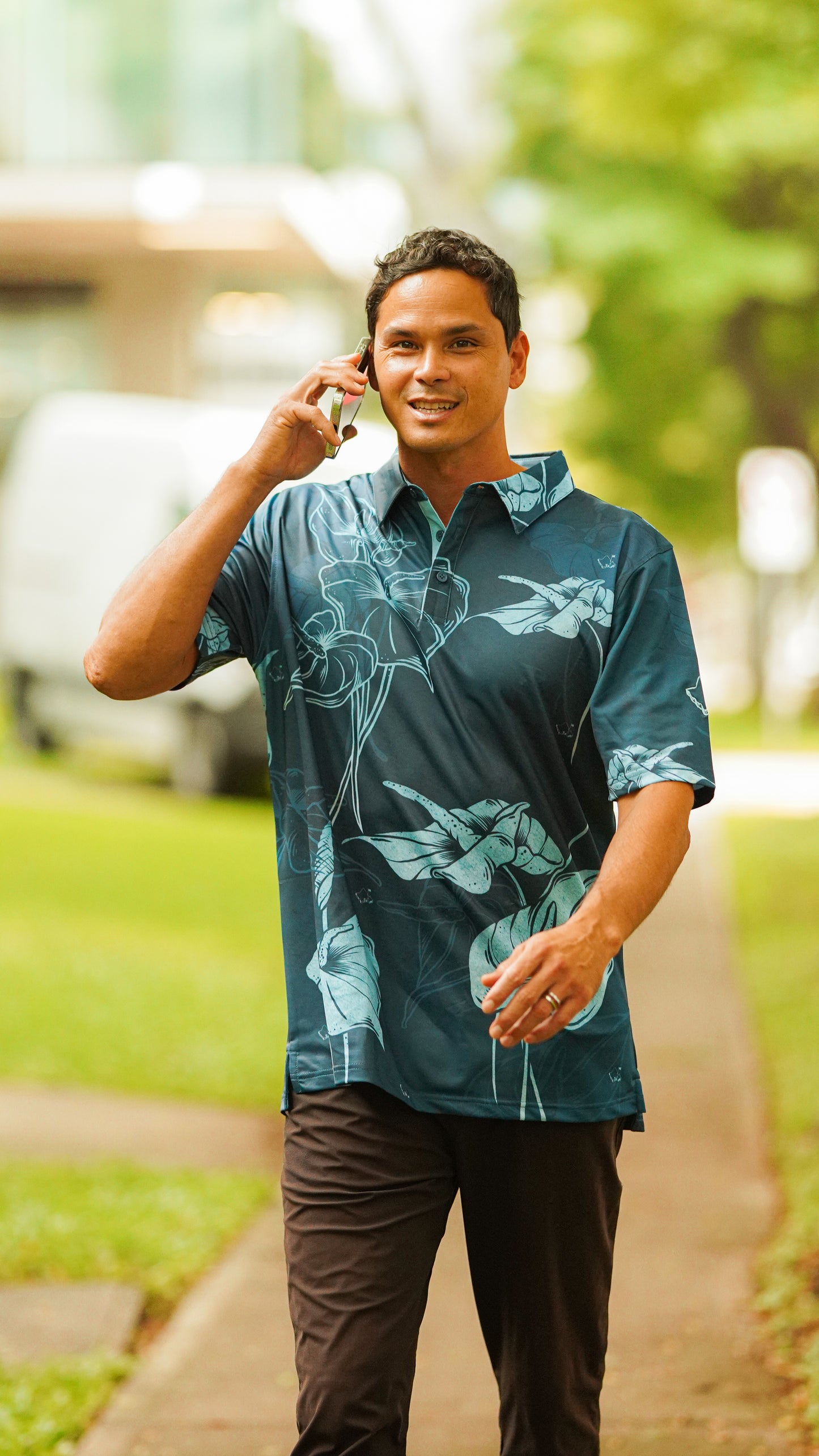 "Anthurium" Dark Night - OGA Men's Polo - Night Blues