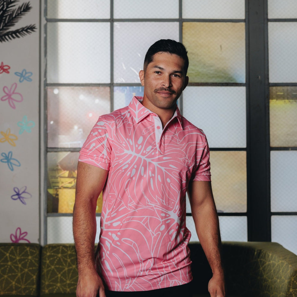 "Monstera 3.0" Coral Cream - OGA Men's Polo - Coral / Cream
