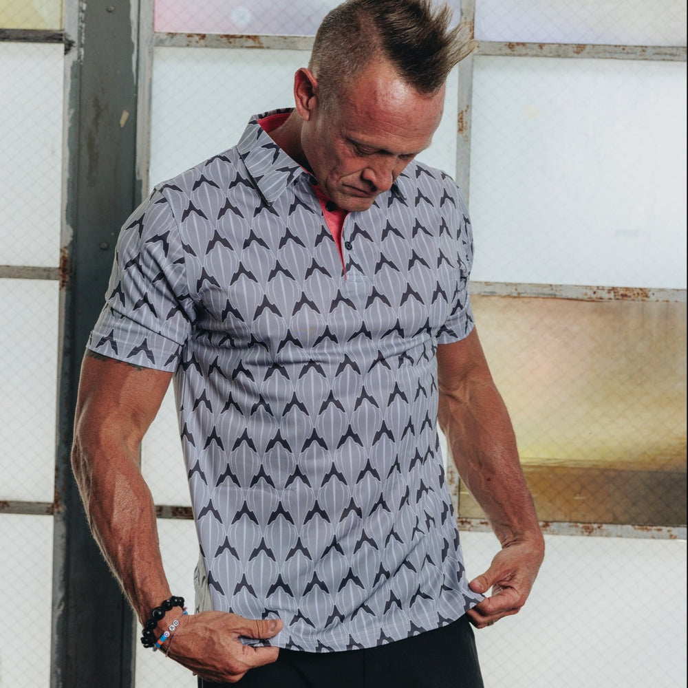 "Shark Skin" Steel Gray - OGA Men's Polo - Steel Gray / Coral Pop