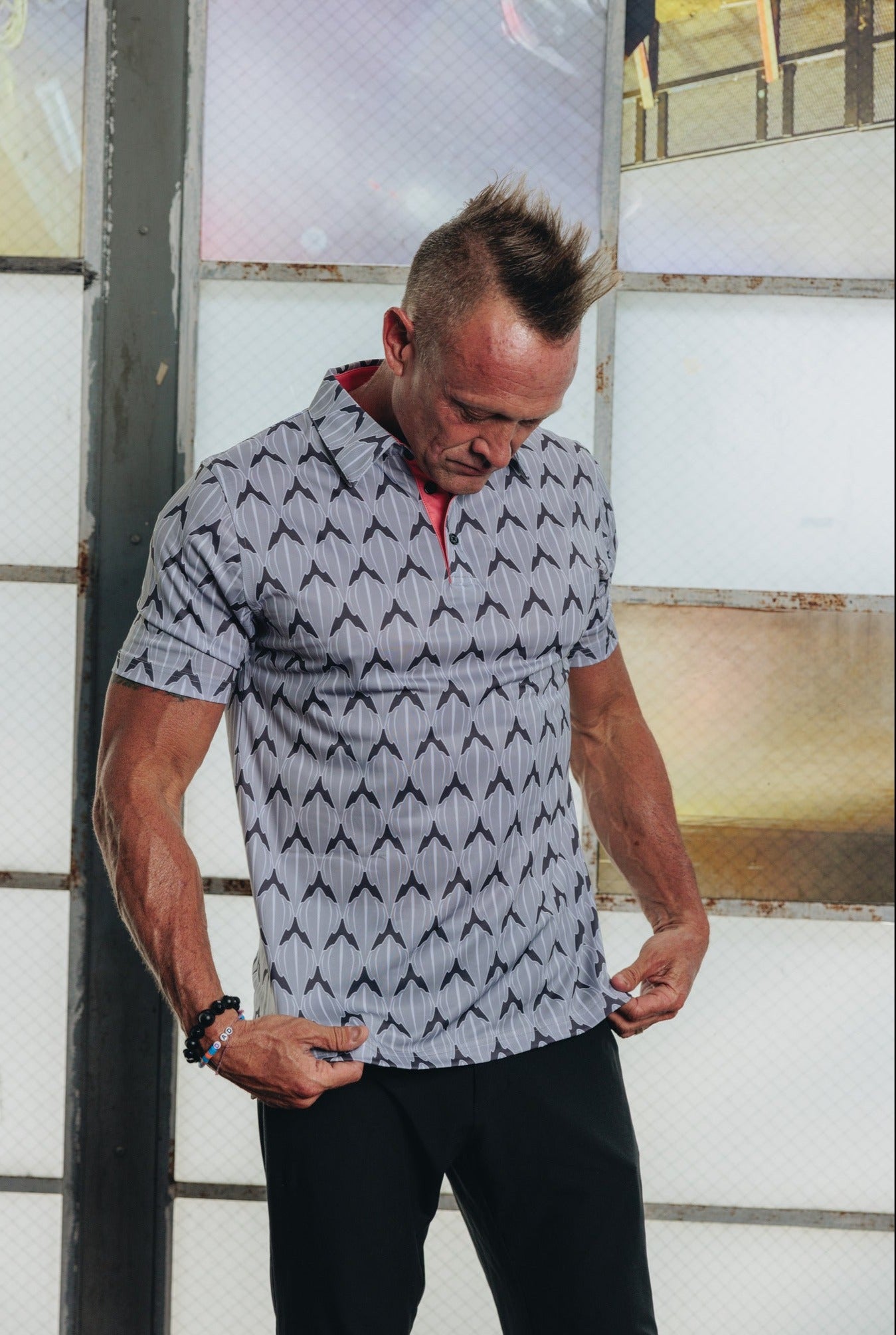"Shark Skin" Steel Gray - OGA Men's Polo - Steel Gray / Coral Pop