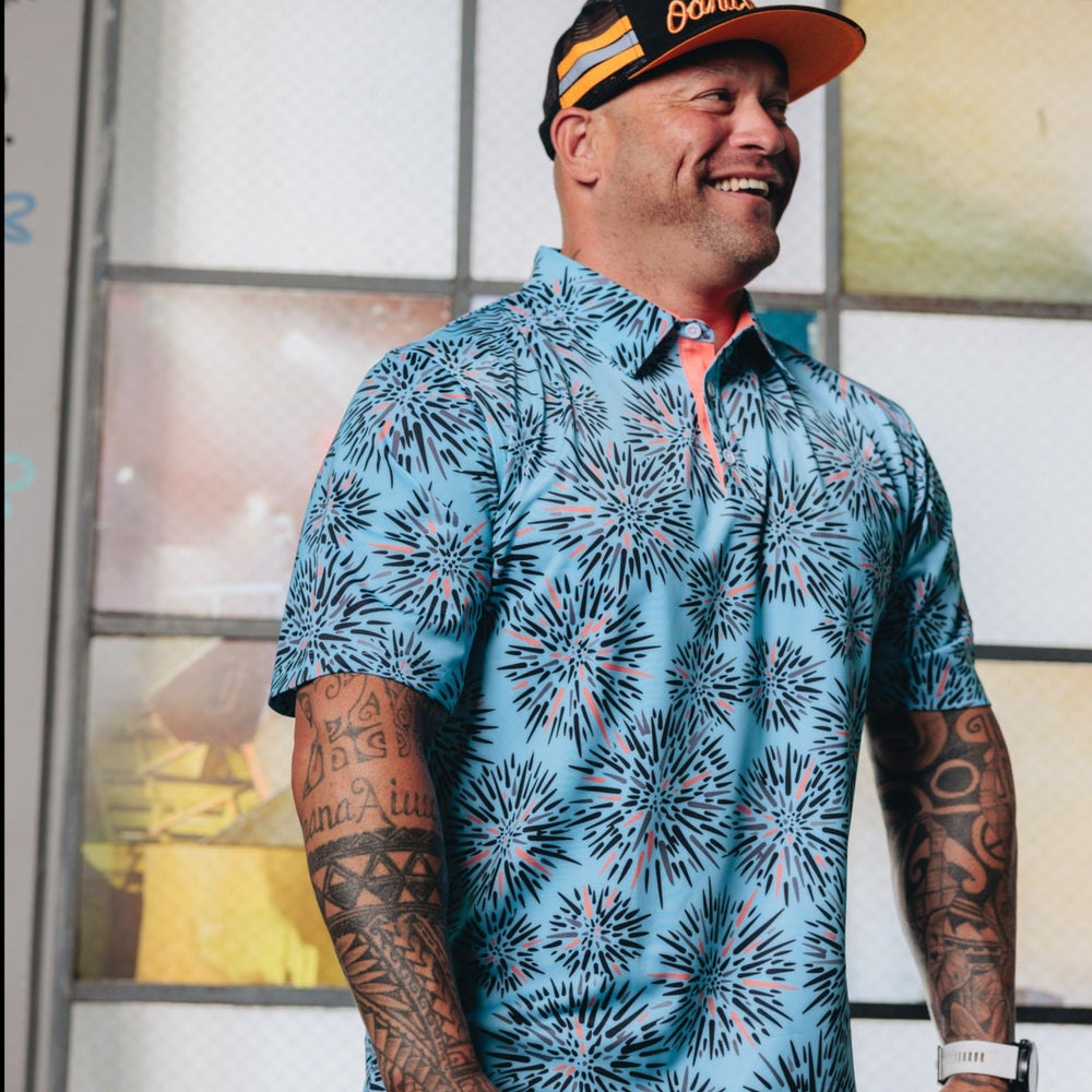 "Wana" Ocean Coral - OGA Men's Polo - Ocean Blue / Coral Pop