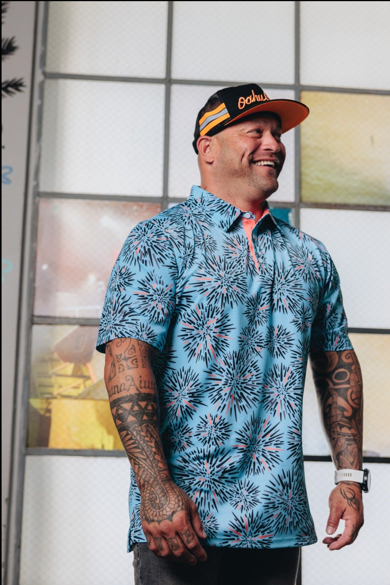 "Wana" Ocean Coral - OGA Men's Polo - Ocean Blue / Coral Pop
