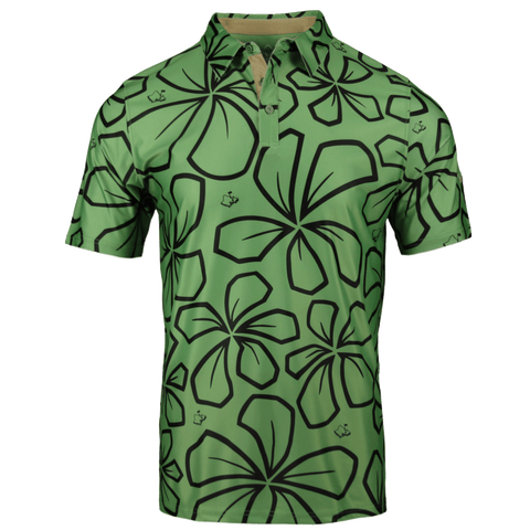 "Retro Plumeria" Luau Green - OGA Men's Polo - Luau Green / Black