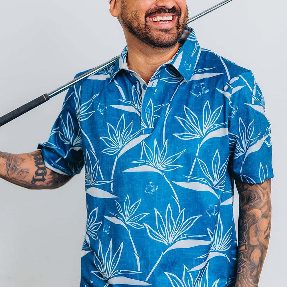 
                      
                        "Birdies of Paradise" Teal Ecru - OGA Men's Polo - Teal Blue Ecru White
                      
                    