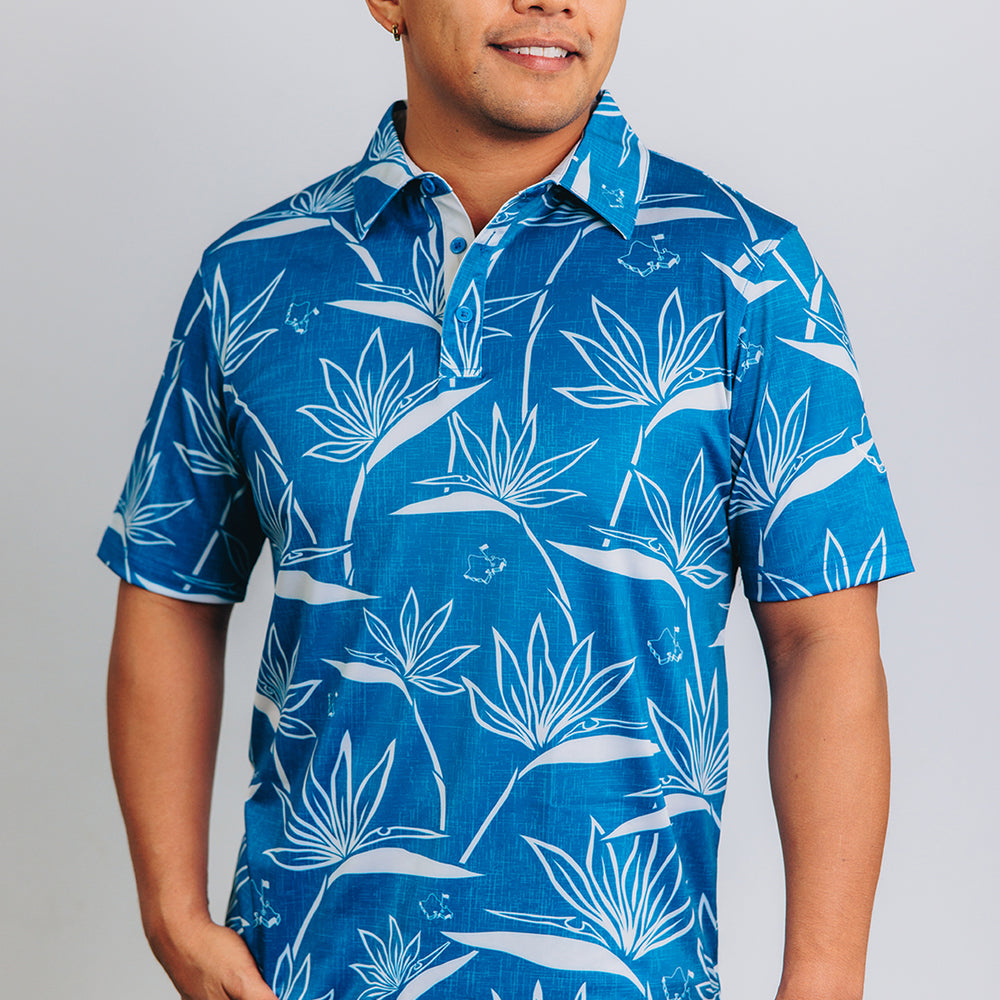 "Birdies of Paradise" Teal Ecru - OGA Men's Polo - Teal Blue Ecru White