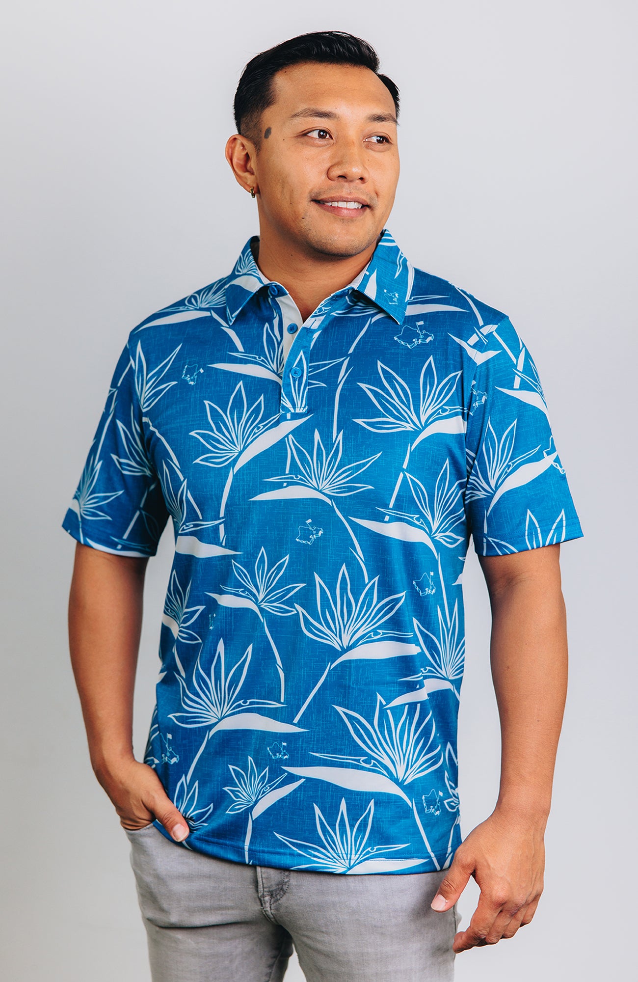 "Birdies of Paradise" Teal Ecru - OGA Men's Polo - Teal Blue Ecru White