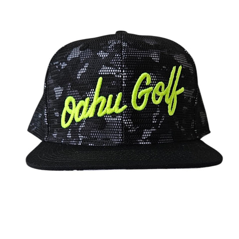 "Camo HiViz Script" - 6 Panel Snapback - Black Camo