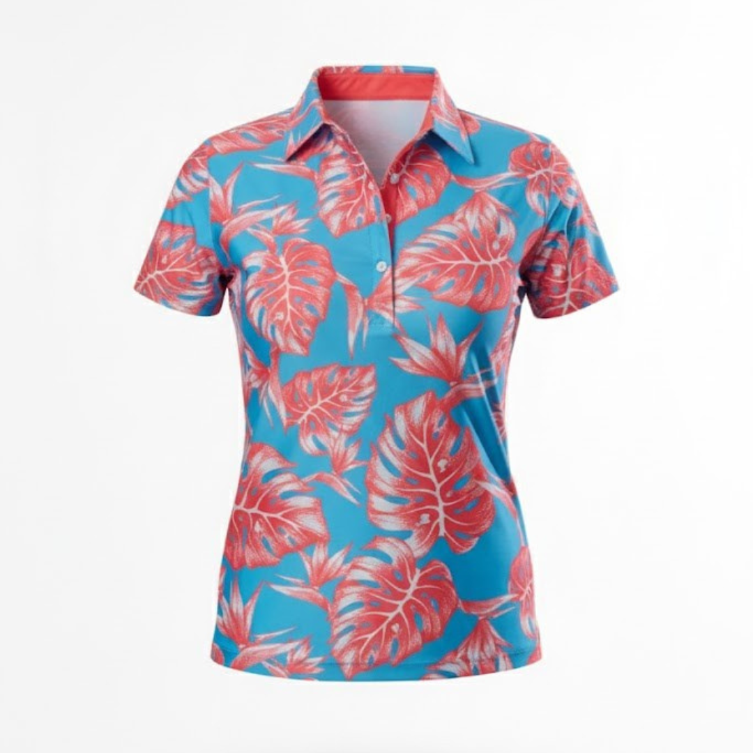 "Jungle" Tropical Sky - OGA Women's Polo - Pink / Sky Blue