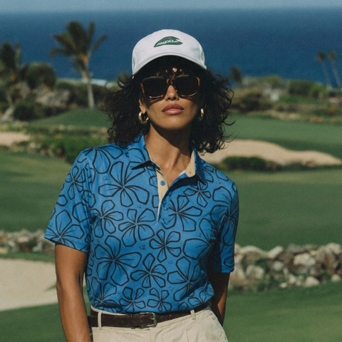 "Mini Retro" Blue Haze - OGA Women's Polo - Dusty Blue / Black
