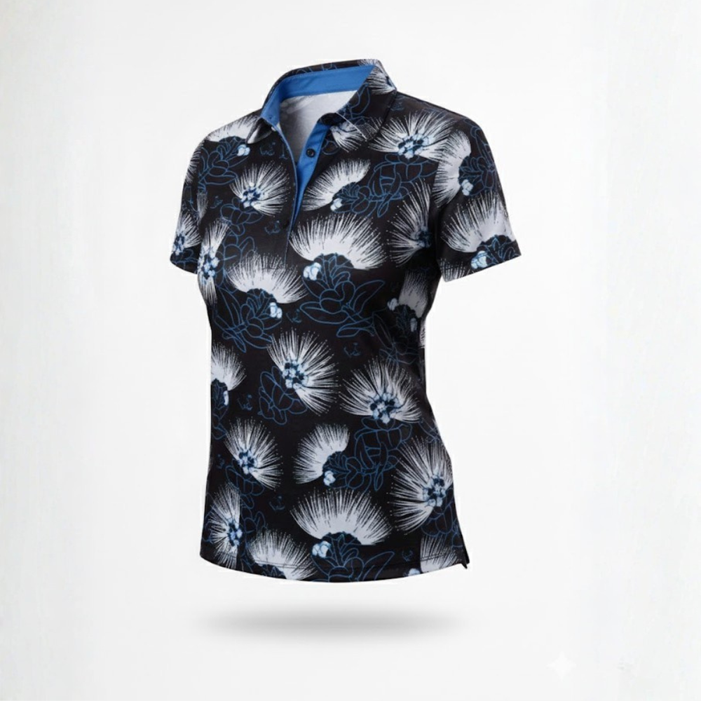 "Ohia Lehua" Ghost Bloom - OGA Women's Polo - Black / White