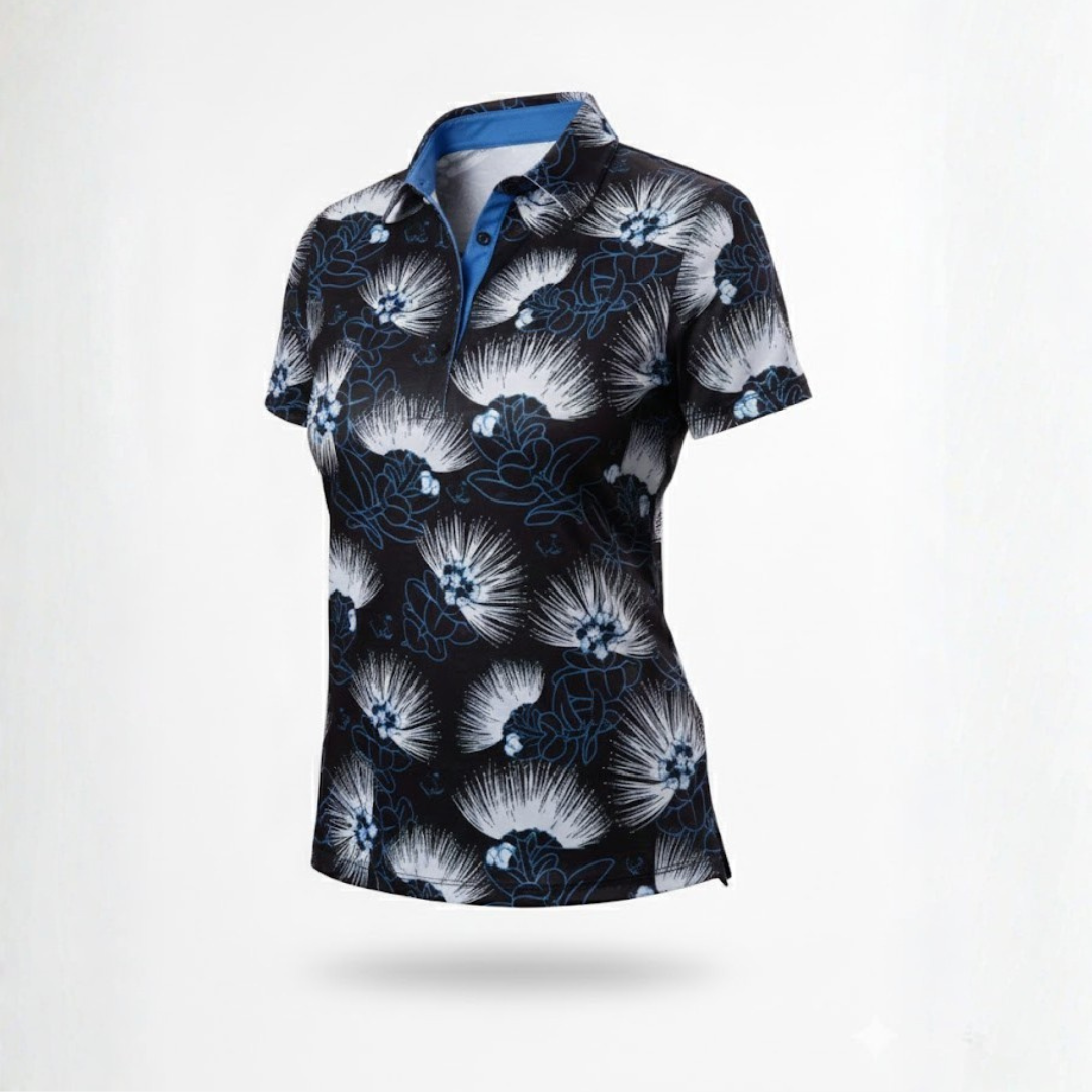 "Ohia Lehua" Ghost Bloom - OGA Women's Polo - Black / White