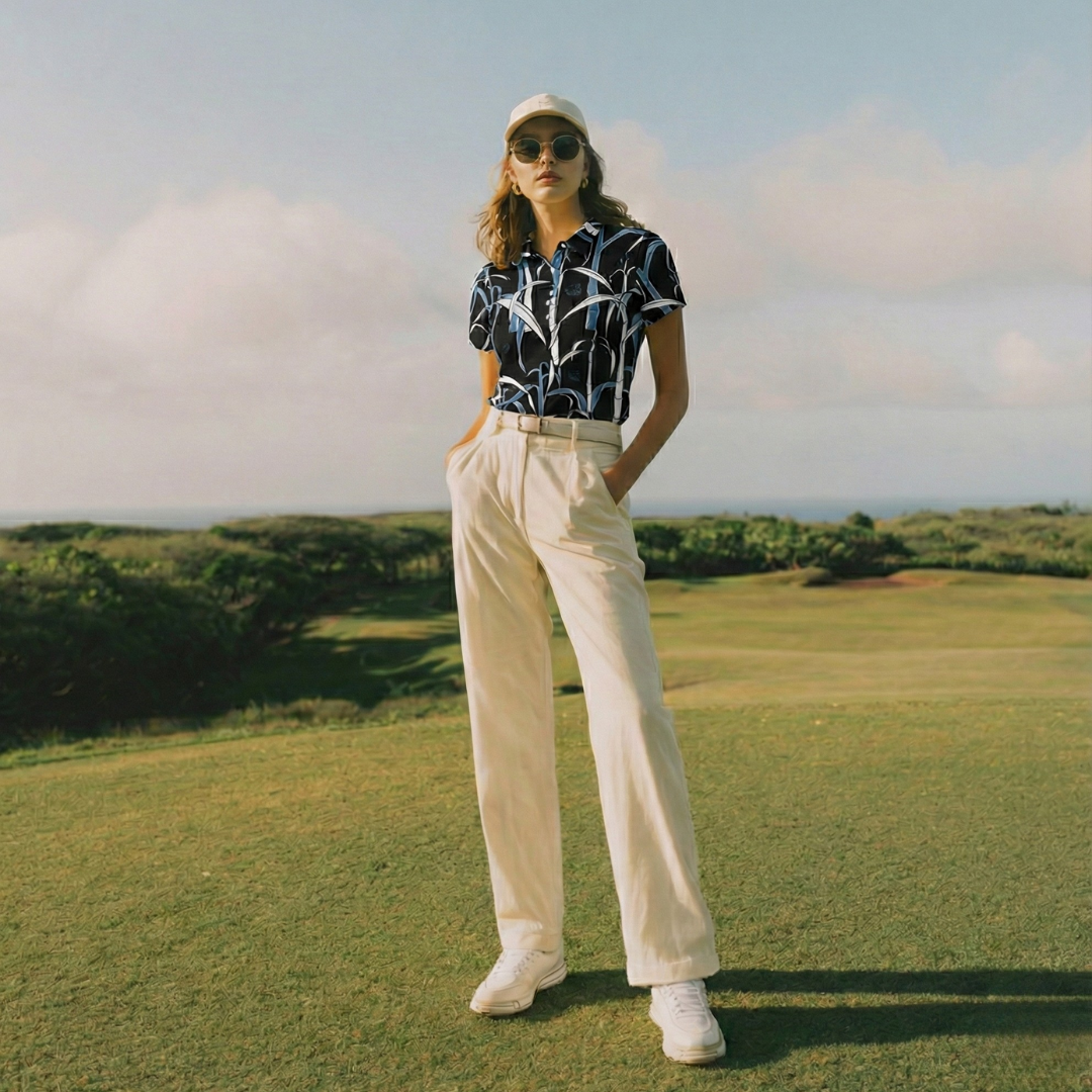 "Sugar Cane" Powder Black - OGA Women's Polo - Powder Blue / Obsidian