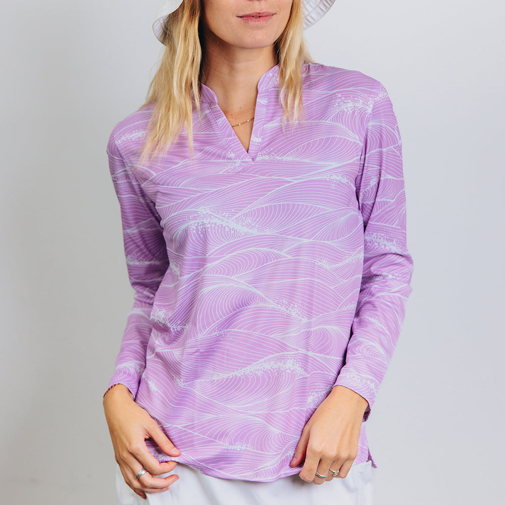 
                      
                        "Fluid" Lavender White - OGA Women's Long Sleeve Polo - Lavender / White
                      
                    