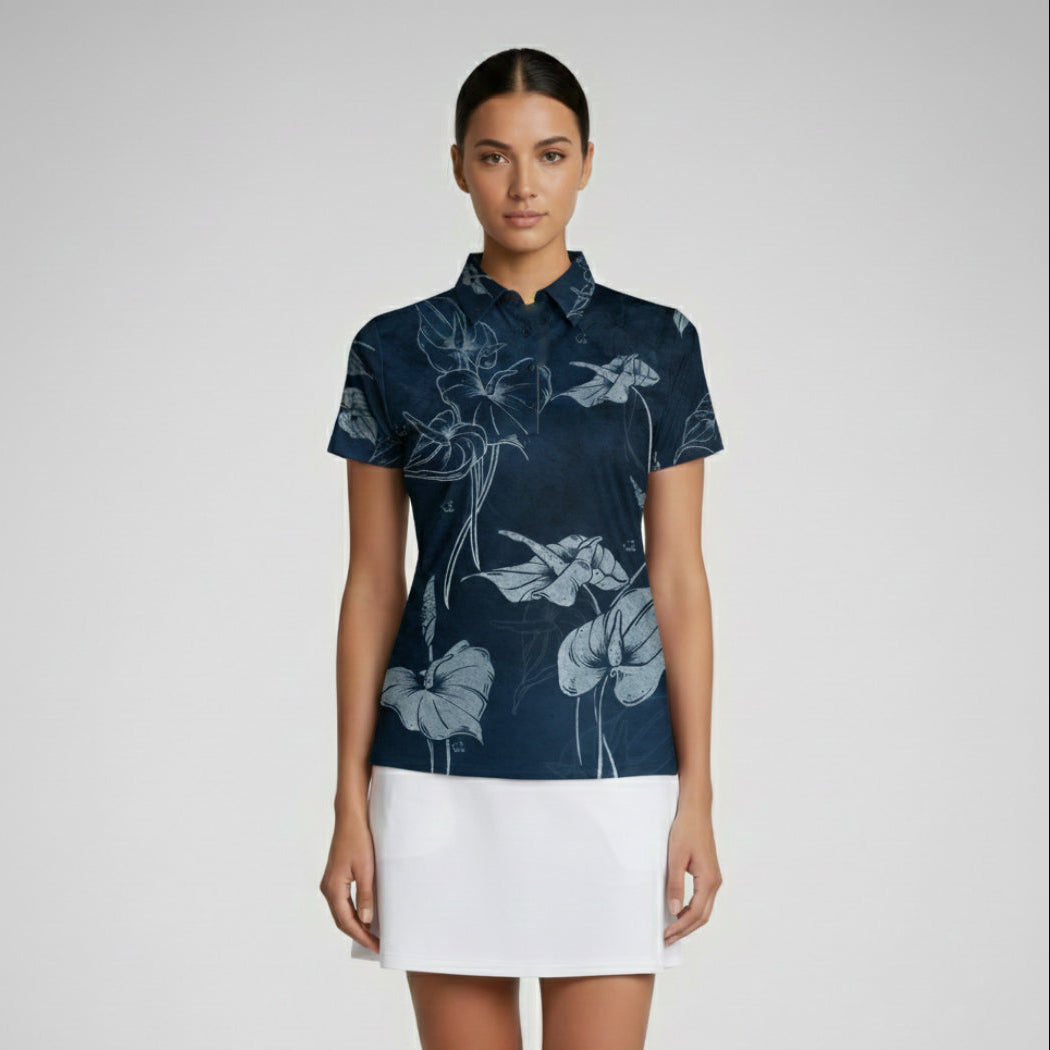 "Anthurium" Dark Night - OGA Women's Polo - Night Blues