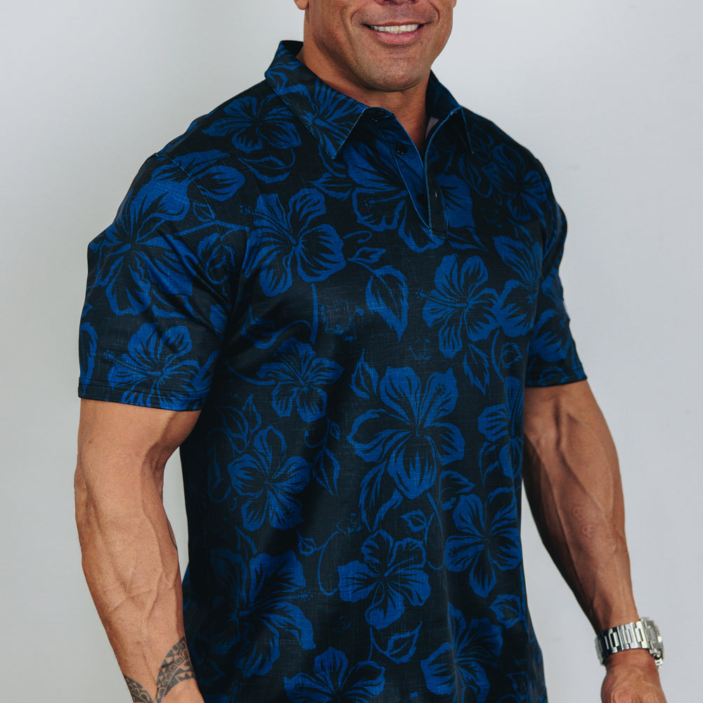 "Hibiscus Pareu" Night Navy - OGA Men's Polo - Black / Navy