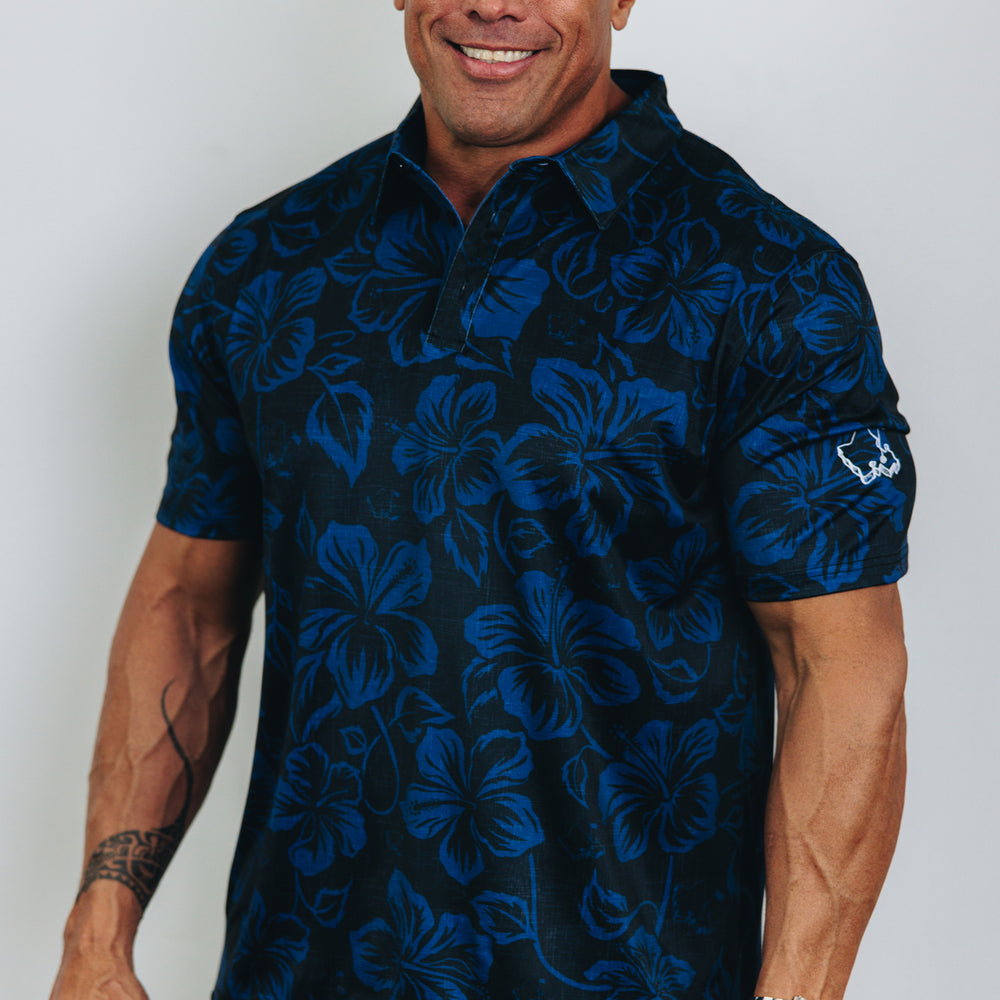 "Hibiscus Pareu" Night Navy - OGA Men's Polo - Black / Navy