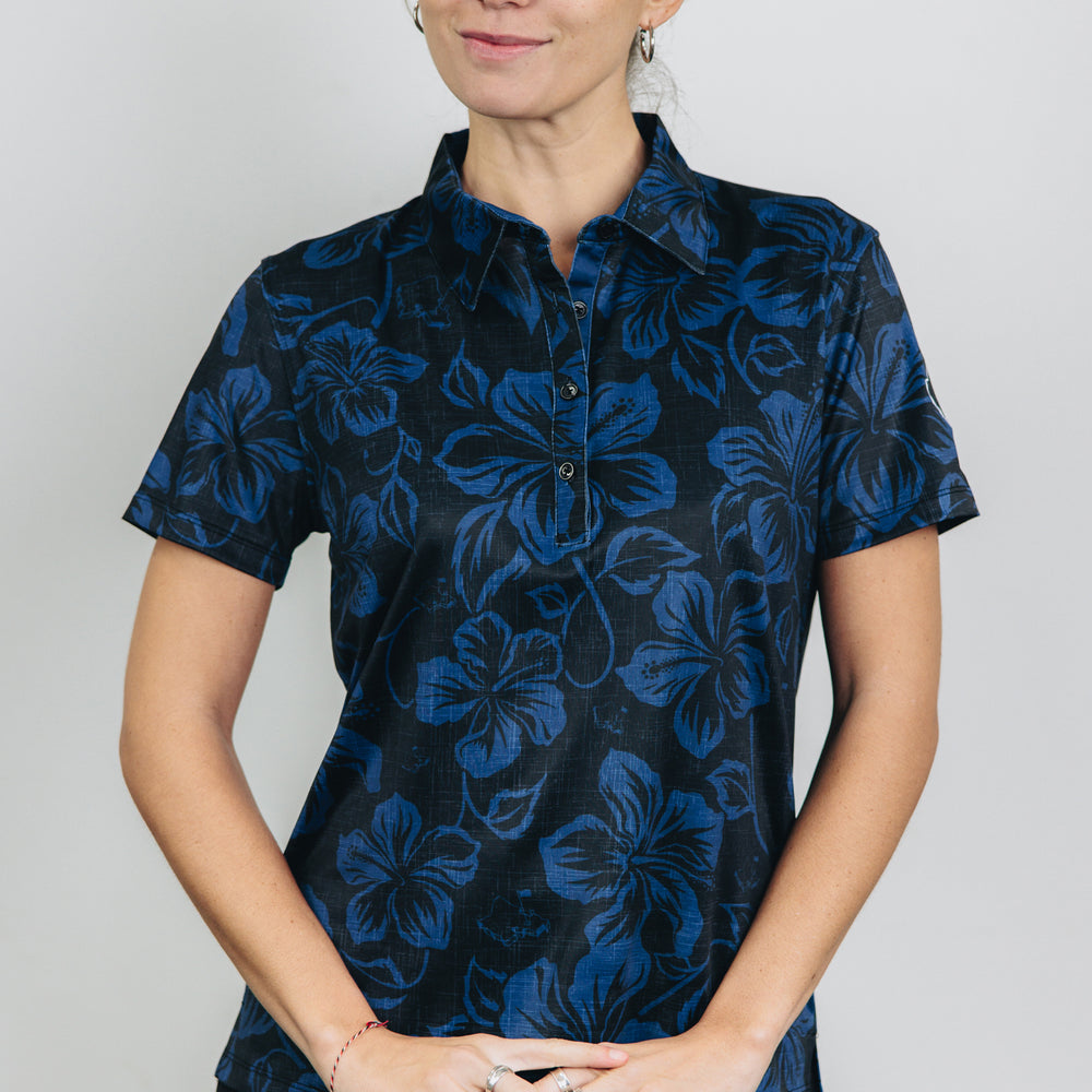 "Hibiscus Pareu" Night Navy - OGA Women's Polo - Black / Navy