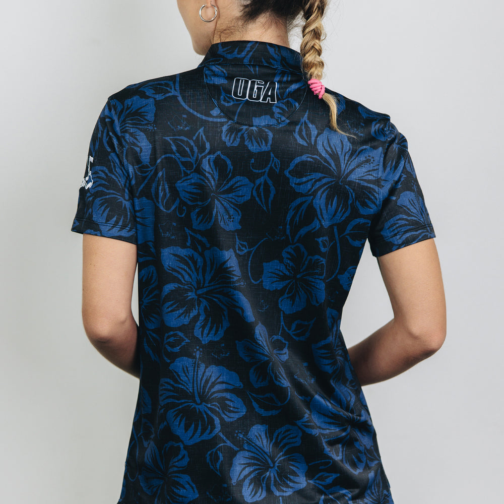 "Hibiscus Pareu" Night Navy - OGA Women's Polo - Black / Navy