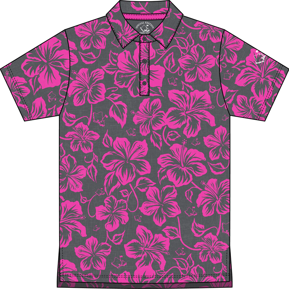 "Hibiscus Pareu" Magenta Gray - OGA Youth Polo - Magenta / Gray