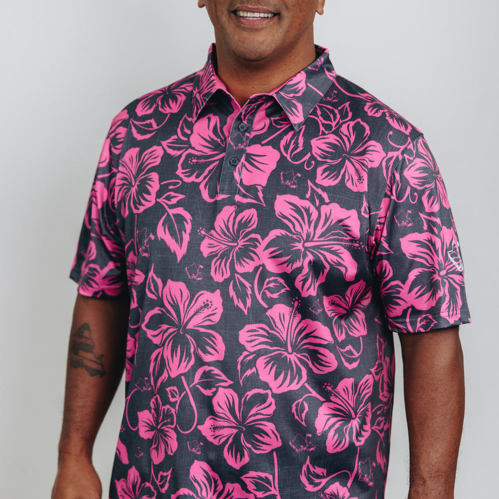 "Hibiscus Pareu" Magenta Gray - OGA Men's Polo - Magenta / Gray