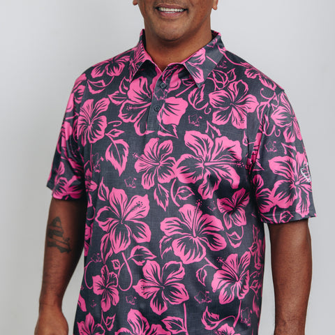 "Hibiscus Pareu" Magenta Gray - OGA Men's Polo - Magenta / Gray