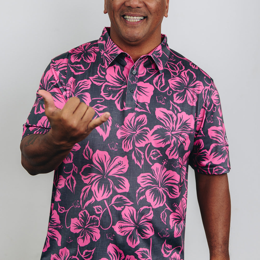 "Hibiscus Pareu" Magenta Gray - OGA Men's Polo - Magenta / Gray