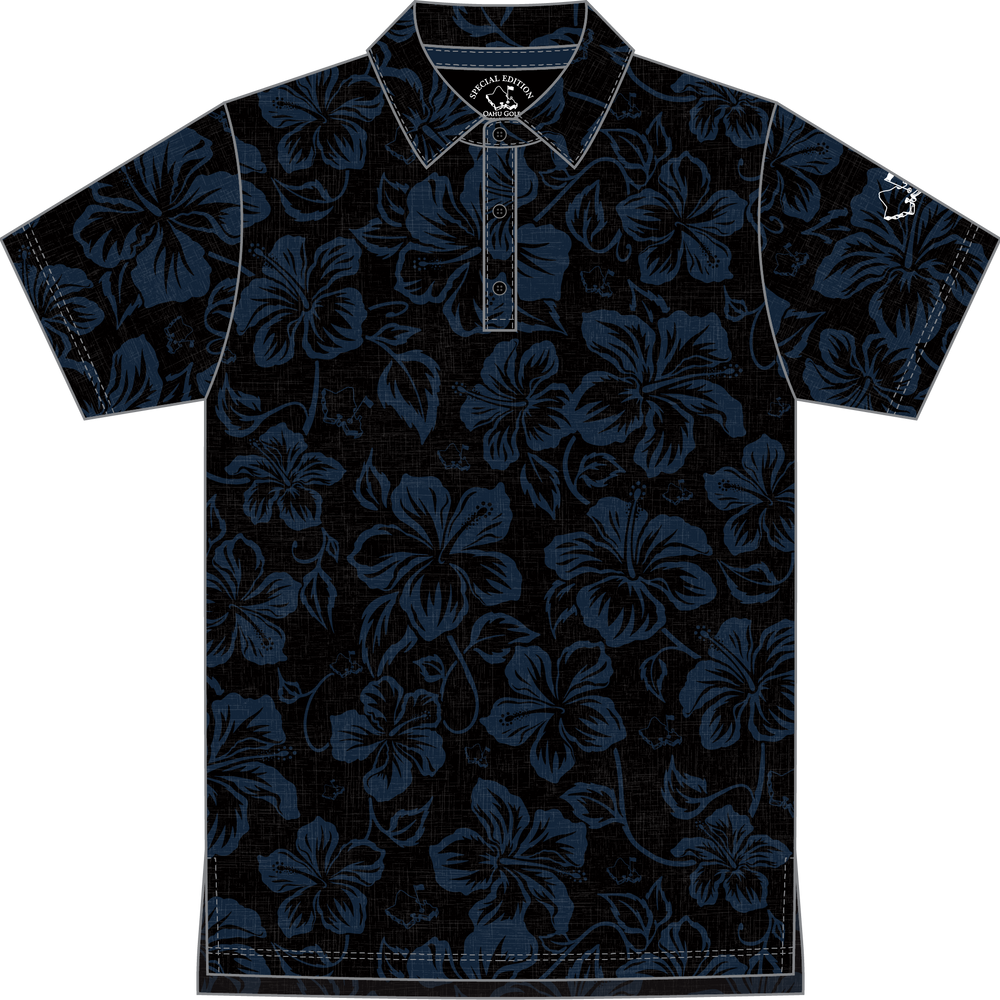 "Hibiscus Pareu" Night Navy - OGA Youth Polo - Black / Navy