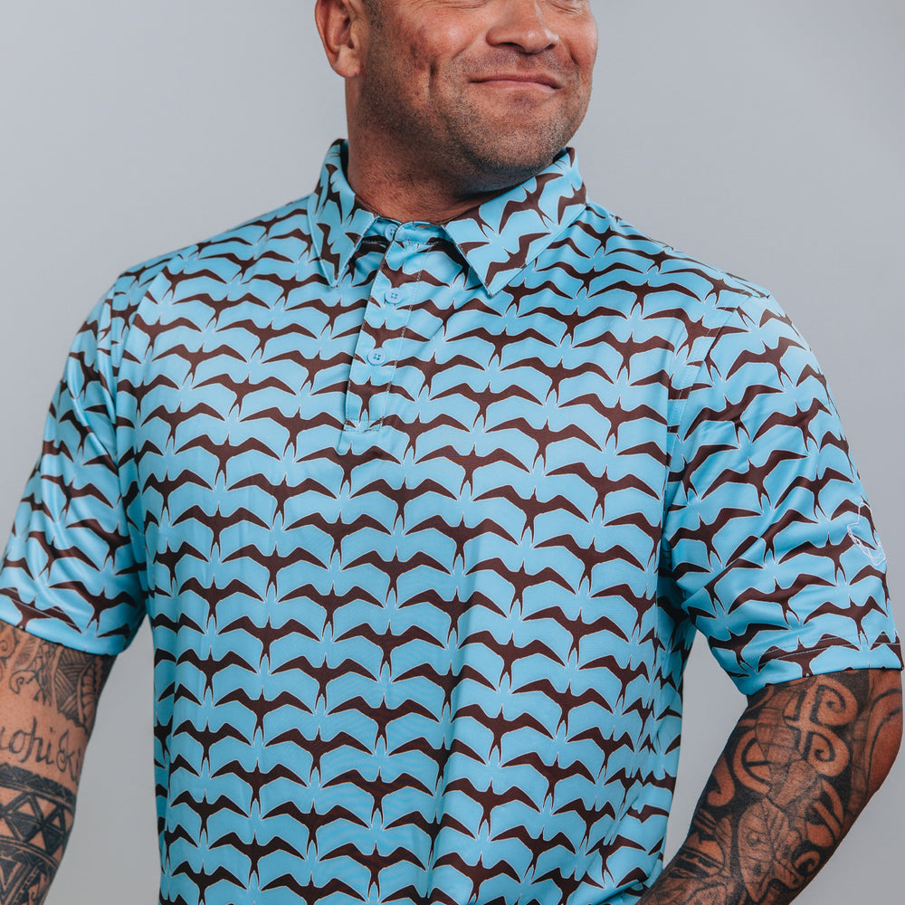 "Iwa Flock" Chocolate Sky - OGA Men's Polo - Chocolate Brown / Sky Blue