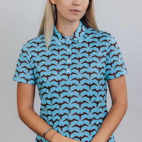 "Iwa Flock" Chocolate Sky - OGA Women's Polo - Chocolate Brown / Sky Blue