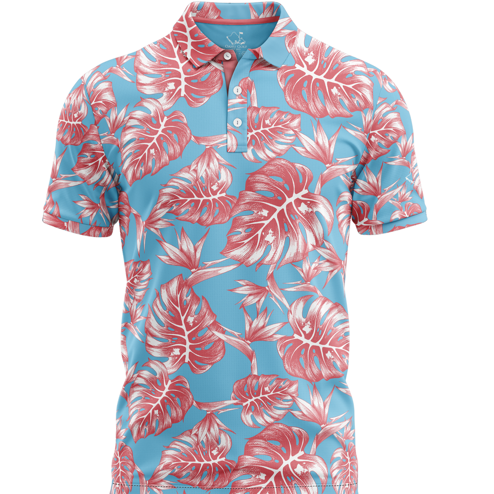 "Jungle" Tropical Sky - OGA Men's Polo - Pink / Sky Blue