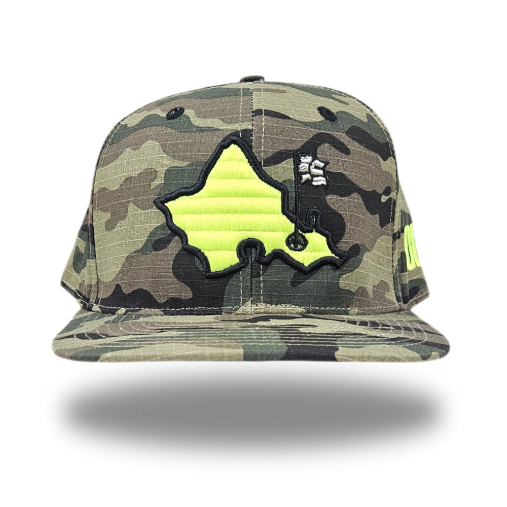 "Neon Camo" - 6 Panel Flatbill Snapback - Camo / Safety Green