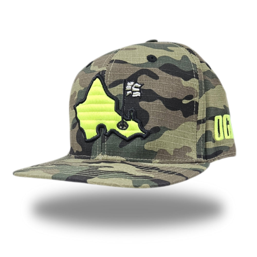 "Neon Camo" - 6 Panel Flatbill Snapback - Camo / Safety Green