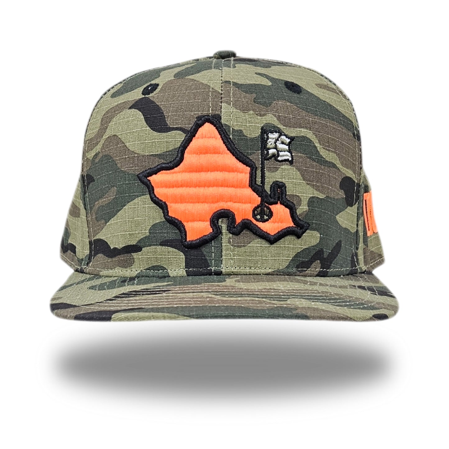 "Neon Camo" - 6 Panel Flatbill Snapback - Camo / Hazard Orange