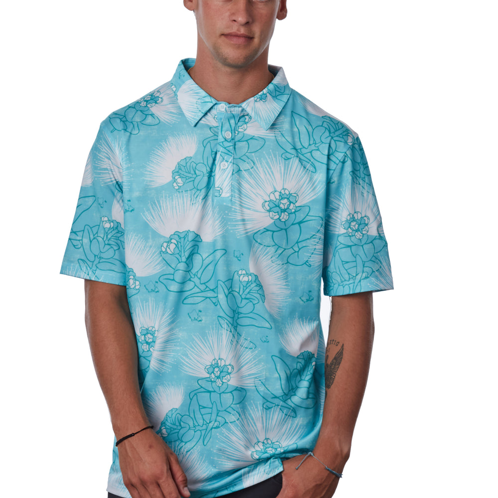 "Ohia Lehua" Opihi Blue - OGA Men's Polo - Opihi Blue / White