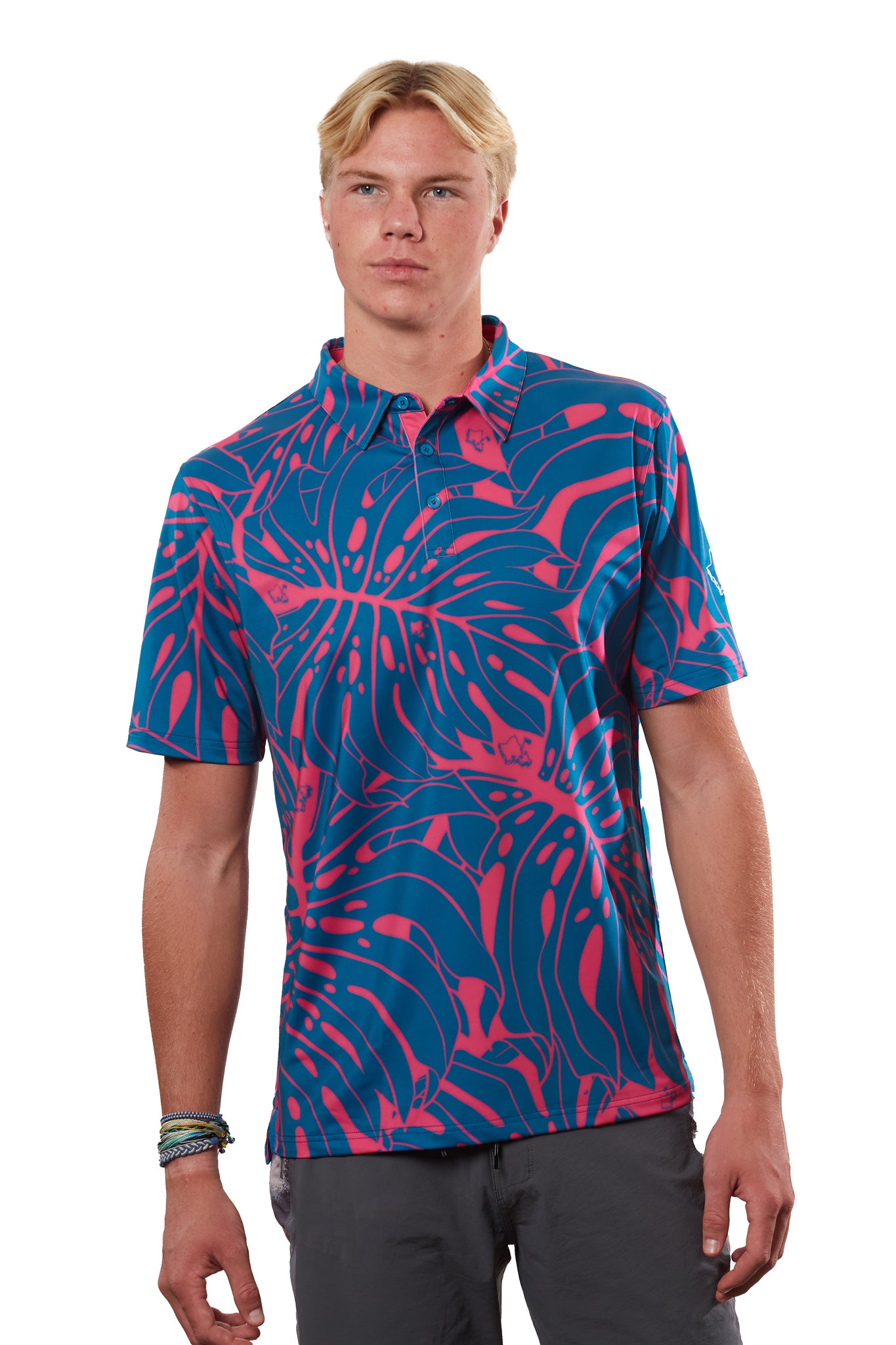 "Monstera 2-0" Contrast 2 - OGA Men's Polo - Royal / Pink