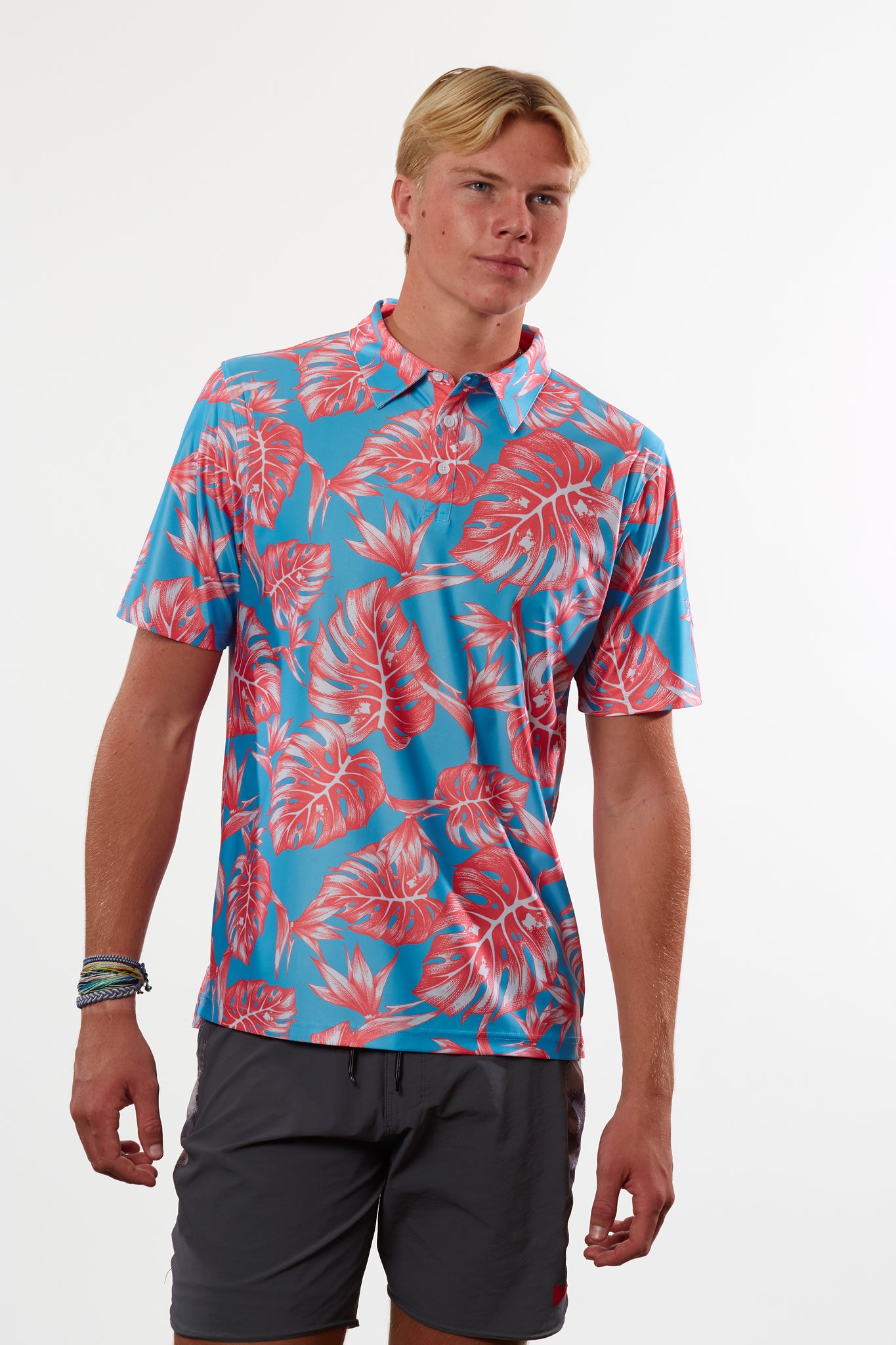 "Jungle" Tropical Sky - OGA Men's Polo - Pink / Sky Blue