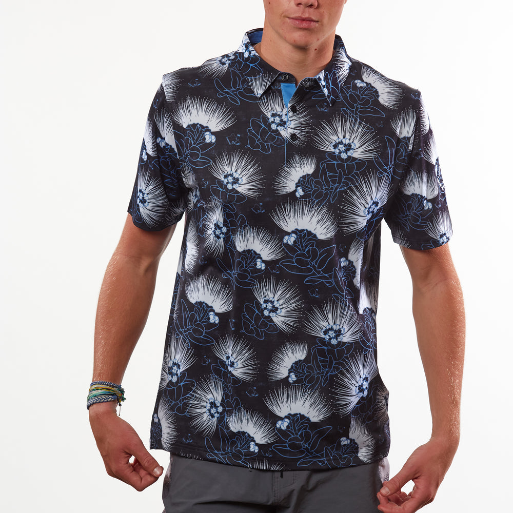 "Ohia Lehua" Ghost Bloom - OGA Men's Polo - Black / White