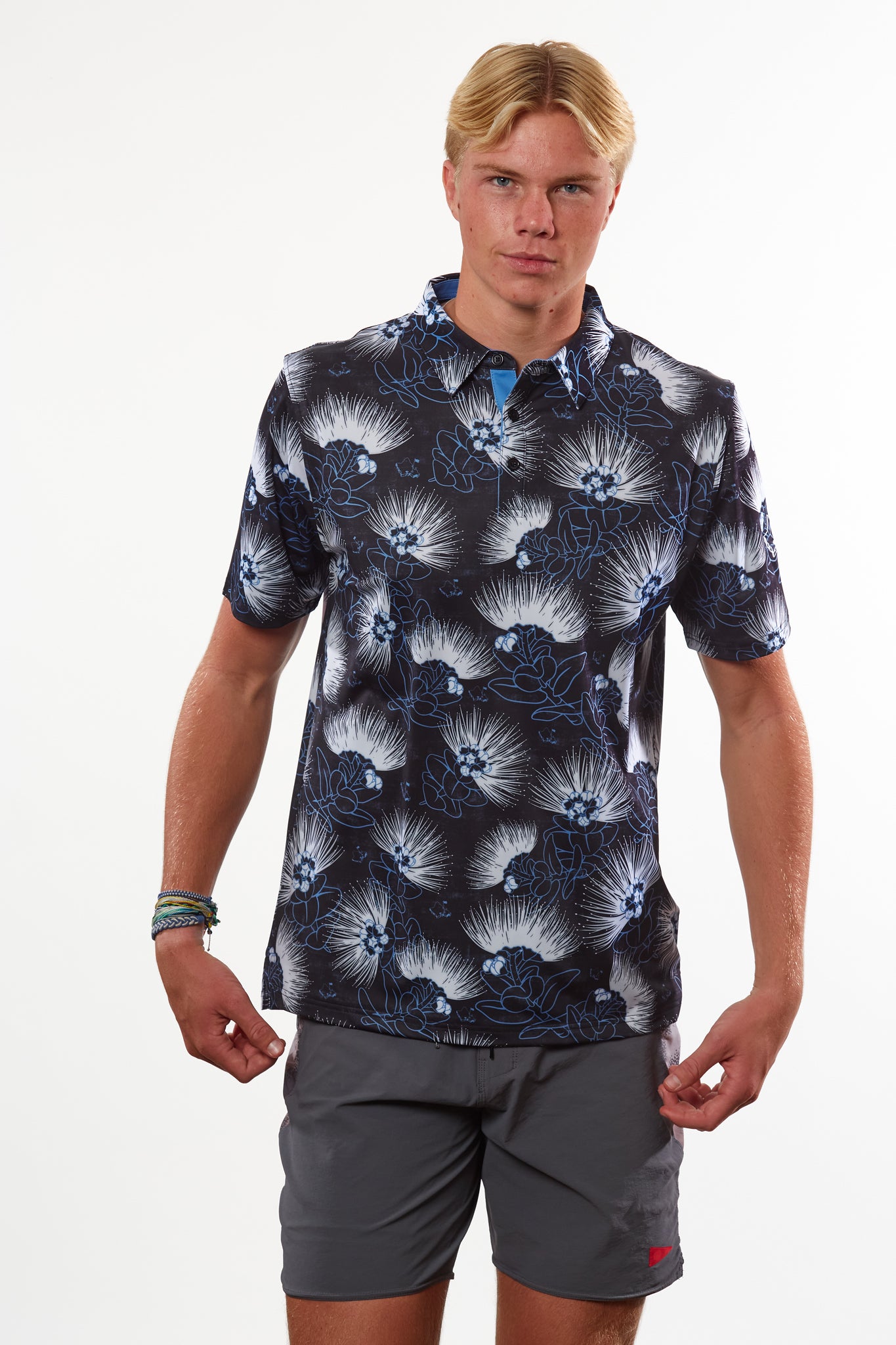 "Ohia Lehua" Ghost Bloom - OGA Men's Polo - Black / White