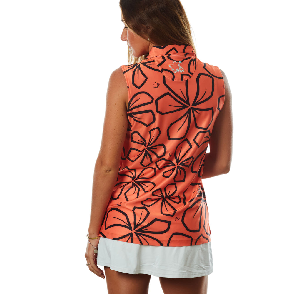 
                      
                        "Retro Plumeria" Coral  - OGA Women's Sleeveless Polo - Coral Orange / Black
                      
                    