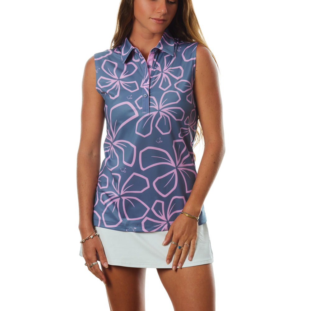 "Retro Plumeria" Rich Poi - OGA Women's Sleeveless Polo - Rich Poi / Mauve