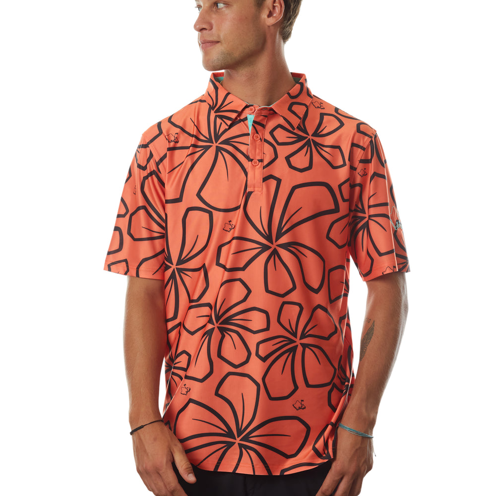 "Retro Plumeria" Coral - OGA Men's Polo - Coral Orange / Black