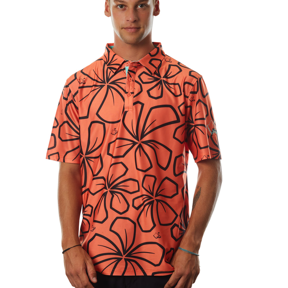 "Retro Plumeria" Coral - OGA Men's Polo - Coral Orange / Black